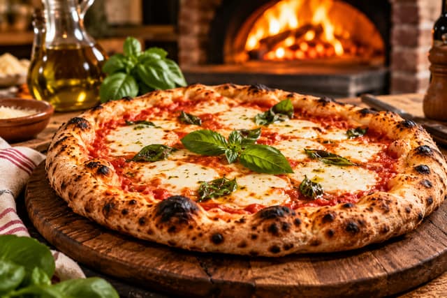 Pizza Margherita mit Basilikum vor dem Steinofen
