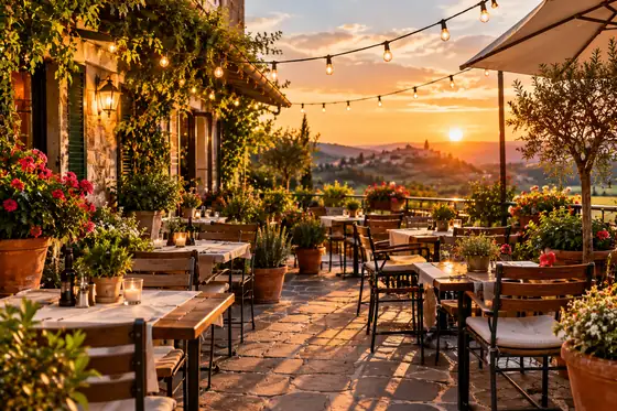 Terrasse mit Lichterkette am Abend
