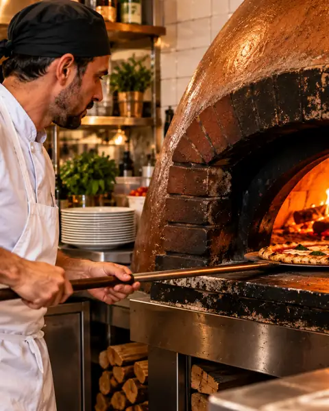 Pizzabäcker schiebt eine Pizza in den Steinofen